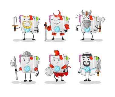 Çamaşır makinesi savaşçı grup karakteri. karikatür maskotu vektosu