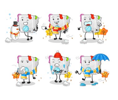 Soğuk hava karakteri maskotu vekto 'sunda çamaşır makinesi