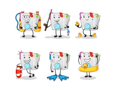 çamaşır makinesi su aktivite grubu. karikatür maskotu vektosu