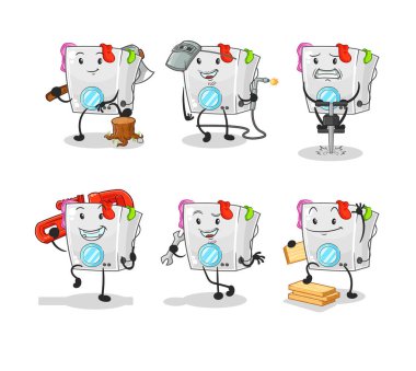 Çamaşır makinesi işçisi karakter belirledi. karikatür maskotu vektosu