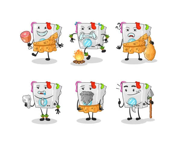Washing Machine Primitive Man Group Character Mascot Vecto — Stock Vector