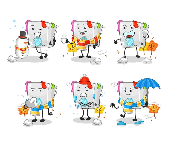 Soğuk hava karakteri maskotu vekto 'sunda çamaşır makinesi