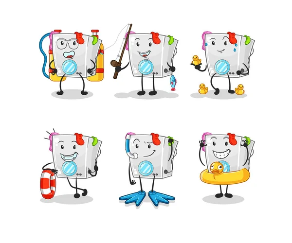 çamaşır makinesi su aktivite grubu. karikatür maskotu vektosu