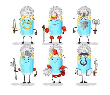 Konserve balık savaşçısı grup karakteri. karikatür maskotu vektosu