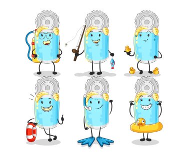 Konserve balık suyu aktivite grubu. karikatür maskotu vektosu