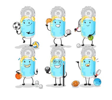 Konserve balık sporu set karakteri. karikatür maskotu vektosu