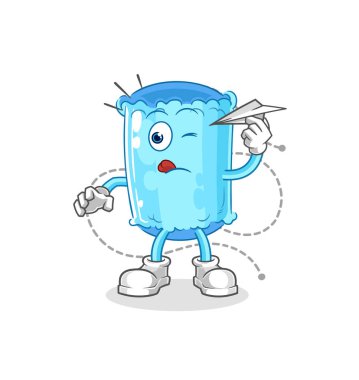 Üzerinde kağıt uçak karakteri olan destek yastığı. karikatür maskotu vektosu