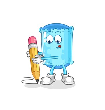 Yastık destekleyicisi kurşun kalemle yazıyor. karikatür maskotu vektosu