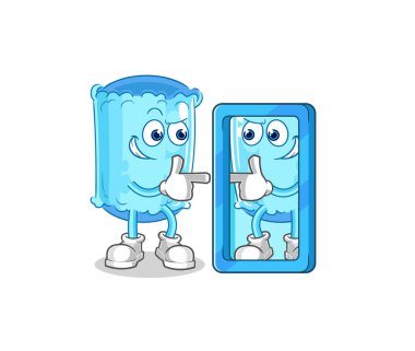 Ayna karikatürüne bakan destek yastığı. karikatür maskotu vektosu