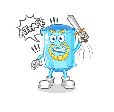 Yastık şövalyeleri kılıçla saldırır. karikatür maskotu vektosu