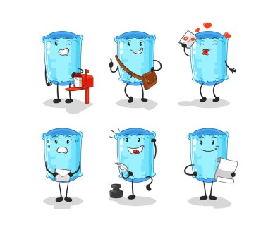 Yastık destekleyici postacı karakter belirledi. karikatür maskotu vektosu