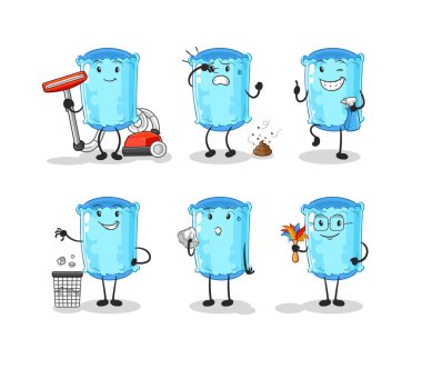Yastık temizleme grubu karakteri. karikatür maskotu vektosu