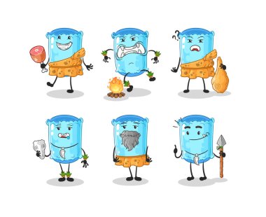 Yastık destekleyici ilkel insan grubu karakteri. maskot vektosu