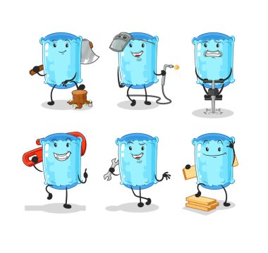 Destekleyici yastık işçisi karakter belirledi. karikatür maskotu vektosu