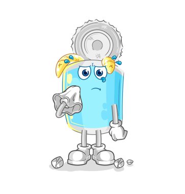 Konserve balık peçeteyle ağlar. karikatür maskotu vektosu