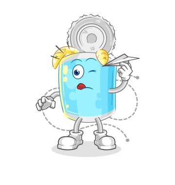 Kağıt uçak karakterli konserve balık. karikatür maskotu vektosu