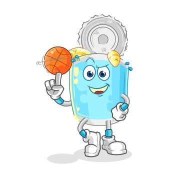 Sepet topu maskotu oynayan balık konservesi. çizgi film vektosu