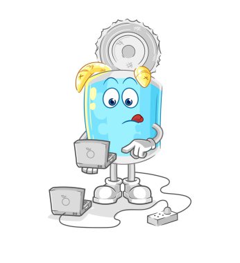 Dizüstü bilgisayarlı konserve balık maskotu. çizgi film vektosu