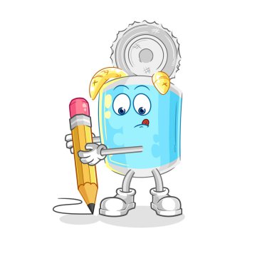 Konserve balık kalemle yazar. karikatür maskotu vektosu