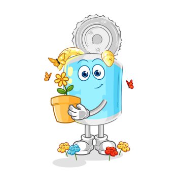 Çiçek saksısıyla konserve balık. karakter vektosu