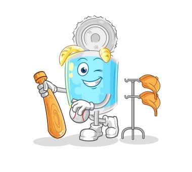 Beyzbol maskotu oynayan balık konservesi. çizgi film vektosu