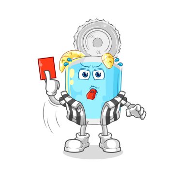 Kırmızı kart resimli konserve balık hakemi. karakter vektosu