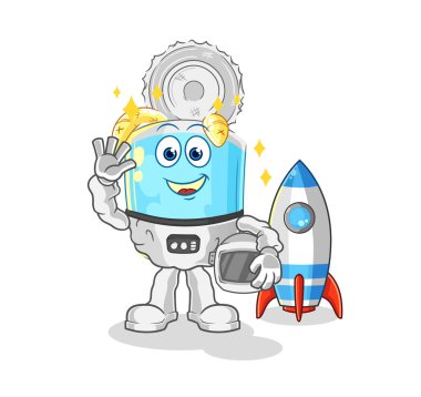 Konserve balık astronot el sallayan karakter. karikatür maskotu vektosu
