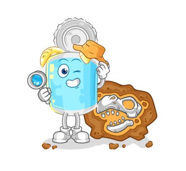 Fosil maskotlu konserve balık arkeologları. çizgi film vektosu