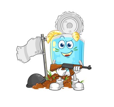 Konserve balık ordusu karakteri. karikatür maskotu vektosu