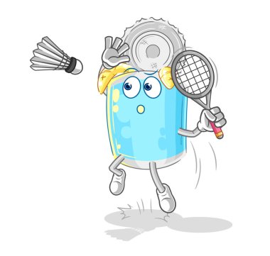 Badminton çizgi filminde konserve balık ezer. karikatür maskotu vektosu