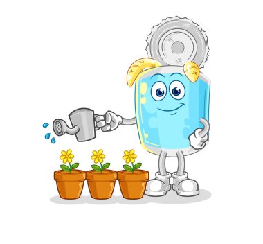 Çiçek maskotunu sulayan balık konservesi. çizgi film vektosu