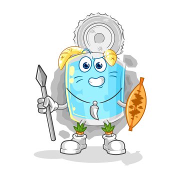 Konserve balık Afrika kabilesinin savaşçı maskotu. çizgi film vektosu