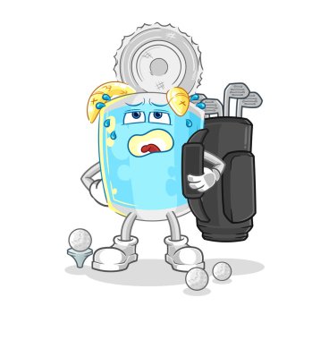 Golf ekipmanlı konserve balık. karikatür maskotu vektosu