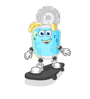 Kaykay süren konserve balık çizgi film karakteri vektosu.