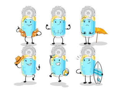 Konserve balık kumsalı seti karakteri. karikatür maskotu vektosu