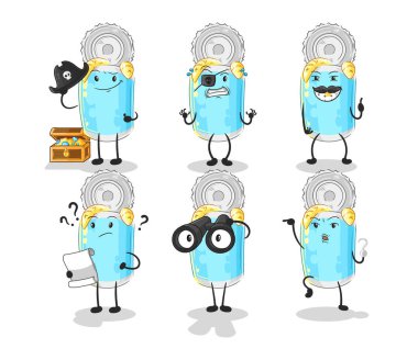 Konserve balık korsan grubu karakteri. karikatür maskotu vektosu