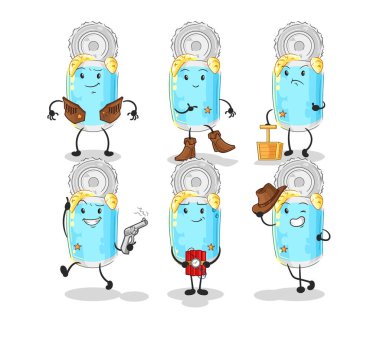 Konserve balık kovboyları grubu karakteri. karikatür maskotu vektosu