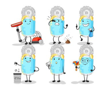 Konserve balık temizleme grubu karakteri. karikatür maskotu vektosu