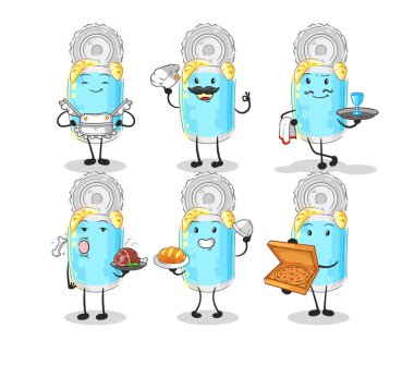 Konserve balık restoranı grubu karakteri. karikatür maskotu vektosu