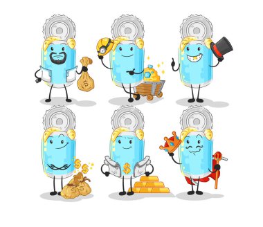 Konserve balık zengini grup karakteri. karikatür maskotu vektosu