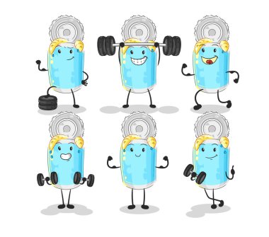 Konserve balık egzersiz seti karakteri. karikatür maskotu vektosu