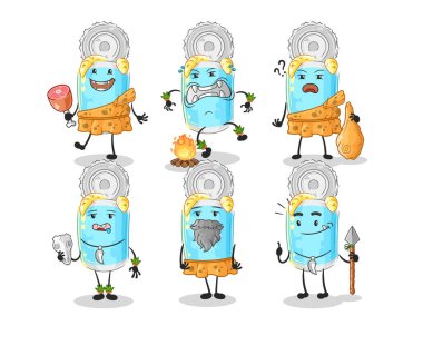 Konserve balık ilkel insan grubu karakteri. maskot vektosu