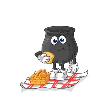 Piknik karikatüründeki kazan. karikatür maskotu vektosu