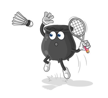 Badminton çizgi filminde kazan ezer. karikatür maskotu vektosu
