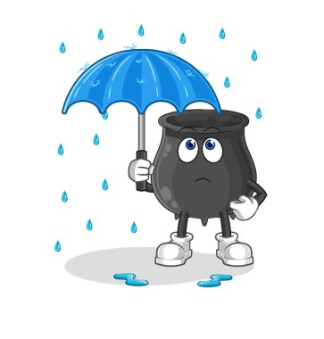 Şemsiye illüstrasyonunu elinde tutan kazan. karakter vektosu