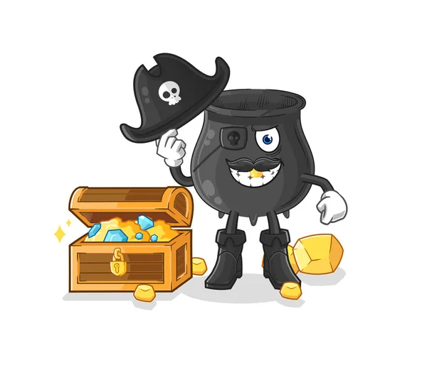 Pirata Caldero Con Mascota Del Tesoro Dibujos Animados Vecto — Vector de stock