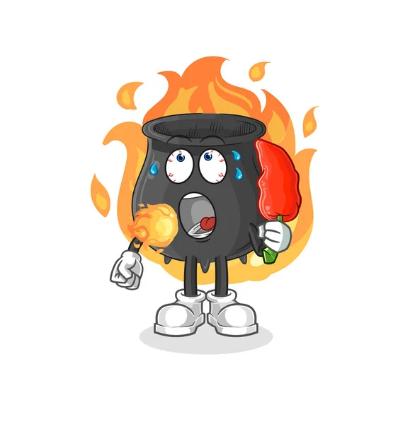 Cauldron Eat Hot Chilie Mascot Cartoon Vecto — Stock Vector