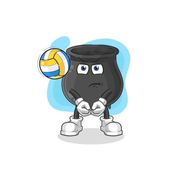 Cauldron Play Volleyball Mascot Cartoon Vecto — Stock Vector