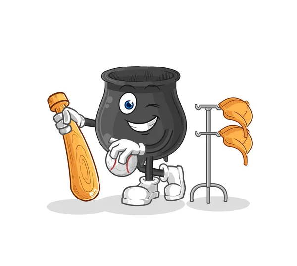 Cauldron Playing Baseball Mascot Cartoon Vecto — Stock Vector
