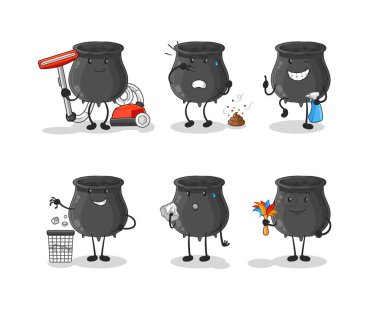 Kazan temizleme grubu karakteri. karikatür maskotu vektosu